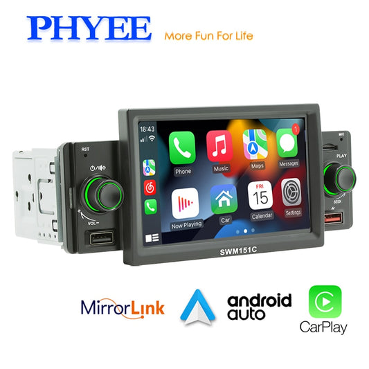 1 Din Car Radio CarPlay Android-Auto 5 Inch MP5 Player Bluetooth Hands Free A2DP USB FM Receiver Audio System Head Unit SWM151C